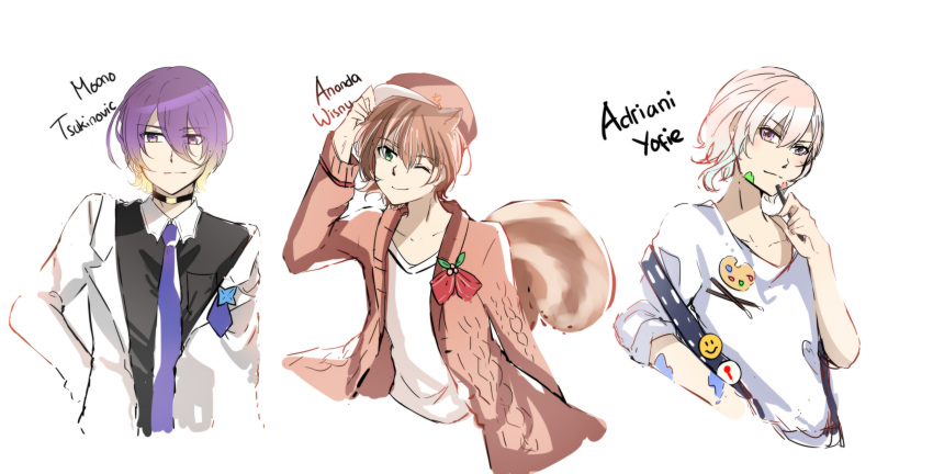 3boys, absurdres, adriani_yofie, airani_iofifteen, airani_iofifteen_(artist), ananda_wisnu, animal_ears, ayunda_risu, bangs, blonde_hair, blue_hair, blue_neckwear, brown_cardigan, brown_hair, cardigan, character_name, collarbone, collared_shirt, genderswap, genderswap_(ftm), gradient_hair, highres, holding, holding_pen, hololive, hololive_indonesia, looking_at_viewer, male_focus, mamank_hoshinov, moona_hoshinova, multicolored_hair, multiple_boys, necktie, one_eye_closed, overalls, paint_on_face, pen, pink_hair, purple_hair, shirt, short_hair, smile, squirrel_boy, squirrel_ears, squirrel_tail, tail, virtual_youtuber, white_background
