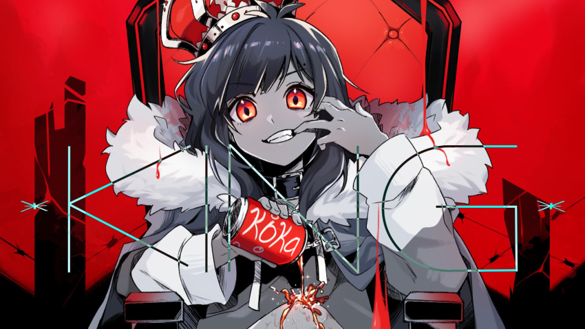 bangs, can, crown, english_commentary, eyebrows_visible_through_hair, glowing, glowing_eyes, hand_on_own_face, head_tilt, highres, holding, holding_can, indie_virtual_youtuber, king_(vocaloid), looking_at_viewer, medium_hair, monochrome, mouth_pull, parody, red_eyes, soda_can, song_name, spilling, spot_color, throne, virtual_youtuber, vyolfers, vyolfers_(vtuber)