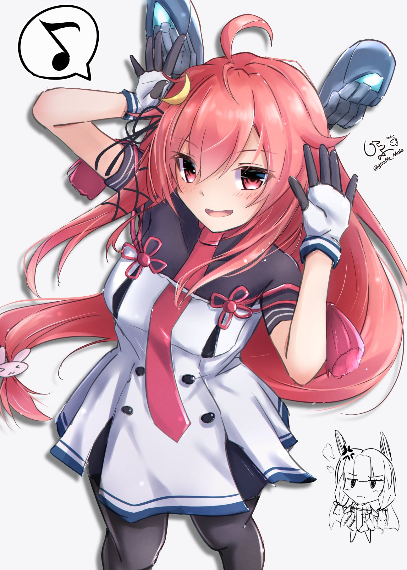 2girls, ahoge, black_legwear, commentary_request, cosplay, dress, eighth_note, fingerless_gloves, giraffe_(ilconte), gloves, headgear, highres, kantai_collection, long_hair, looking_at_viewer, multiple_girls, murakumo_(kancolle), murakumo_(kancolle)_(cosplay), musical_note, necktie, pantyhose, pink_hair, red_eyes, red_neckwear, remodel_(kantai_collection), signature, simple_background, solo_focus, spoken_musical_note, standing, strapless, strapless_dress, twitter_username, uzuki_(kancolle), white_background