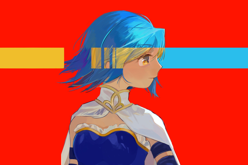 2girls, abstract, absurdres, arms_at_sides, blonde_hair, blue_hair, breasts, cape