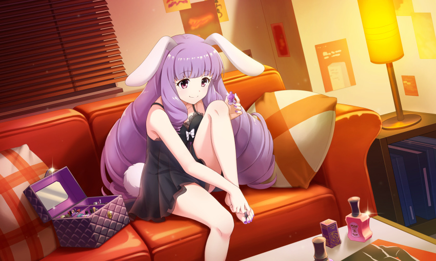 1girl, animal_ears, artist_request, bare_shoulders, barefoot, black_negligee, blinds, blush