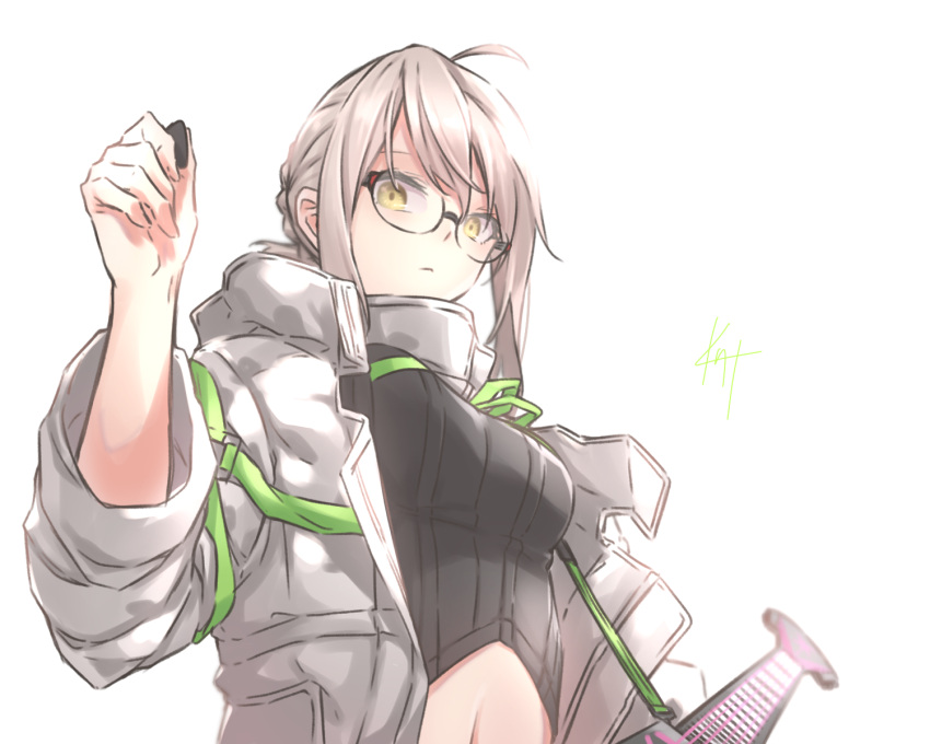 1girl, ahoge, artoria_pendragon_(all), bangs, bare_shoulders, black_shirt, blonde_hair, braid, breasts, electric_guitar, fate/grand_order, fate_(series), french_braid, glasses, guitar, hair_between_eyes, hair_bun, highres, instrument, jacket, knt02142769, long_hair, long_sleeves, looking_at_viewer, medium_breasts, mysterious_idol_x_(alter)_(fate), navel, off_shoulder, plectrum, shirt, sidelocks, white_jacket, yellow_eyes