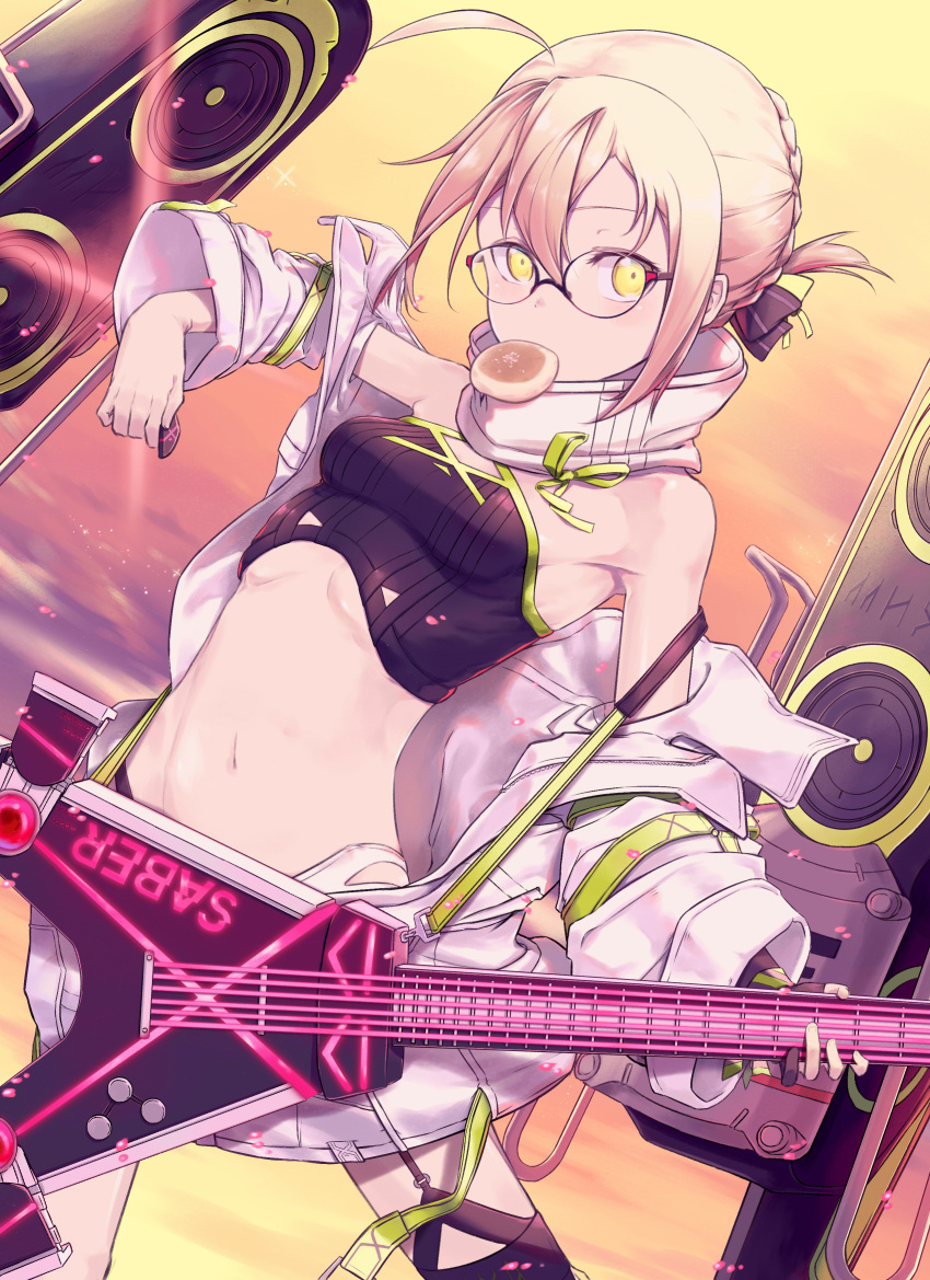 1girl, absurdres, ahoge, artoria_pendragon_(all), bangs, bare_shoulders, beach, black_shirt