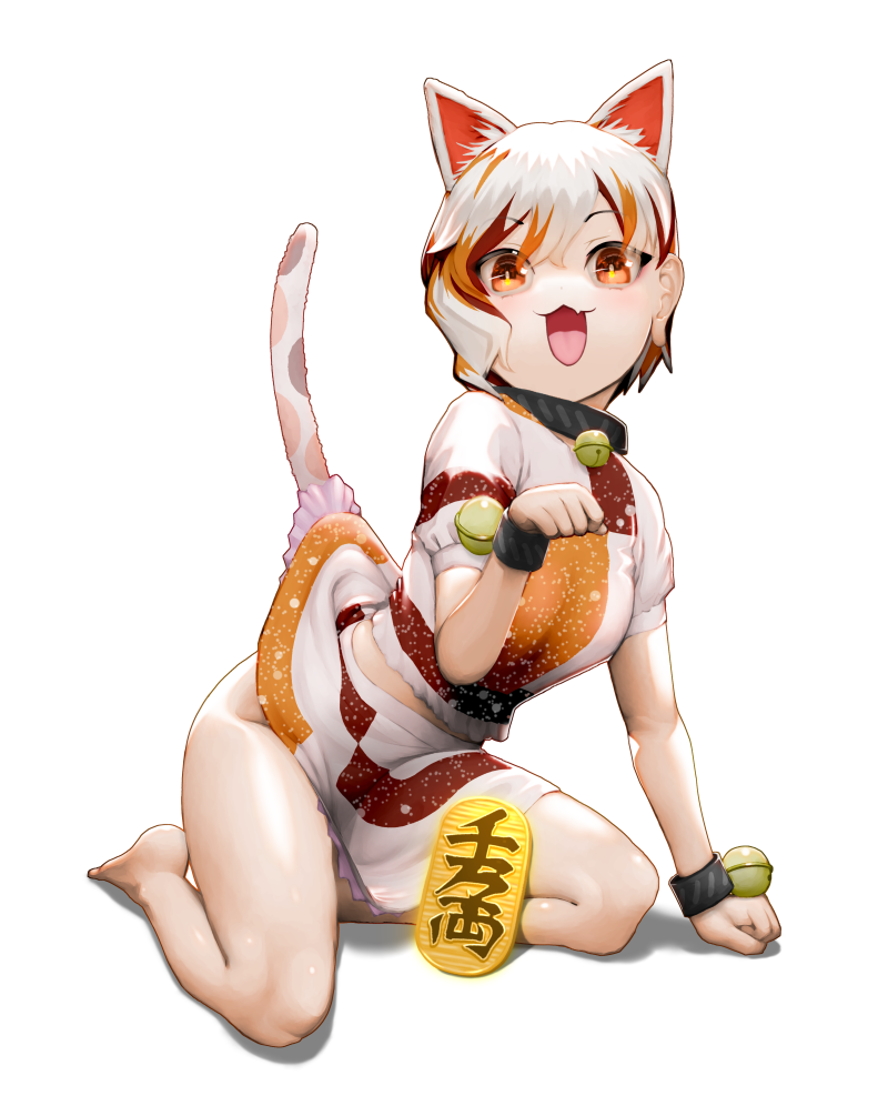 1girl, :3, animal_ears, bangs, barefoot, bell, brown_eyes, brown_hair