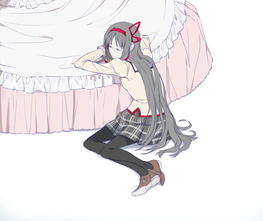 2girls, akemi_homura, arm_support, black_hair, black_legwear, breasts, brown_footwear, closed_eyes