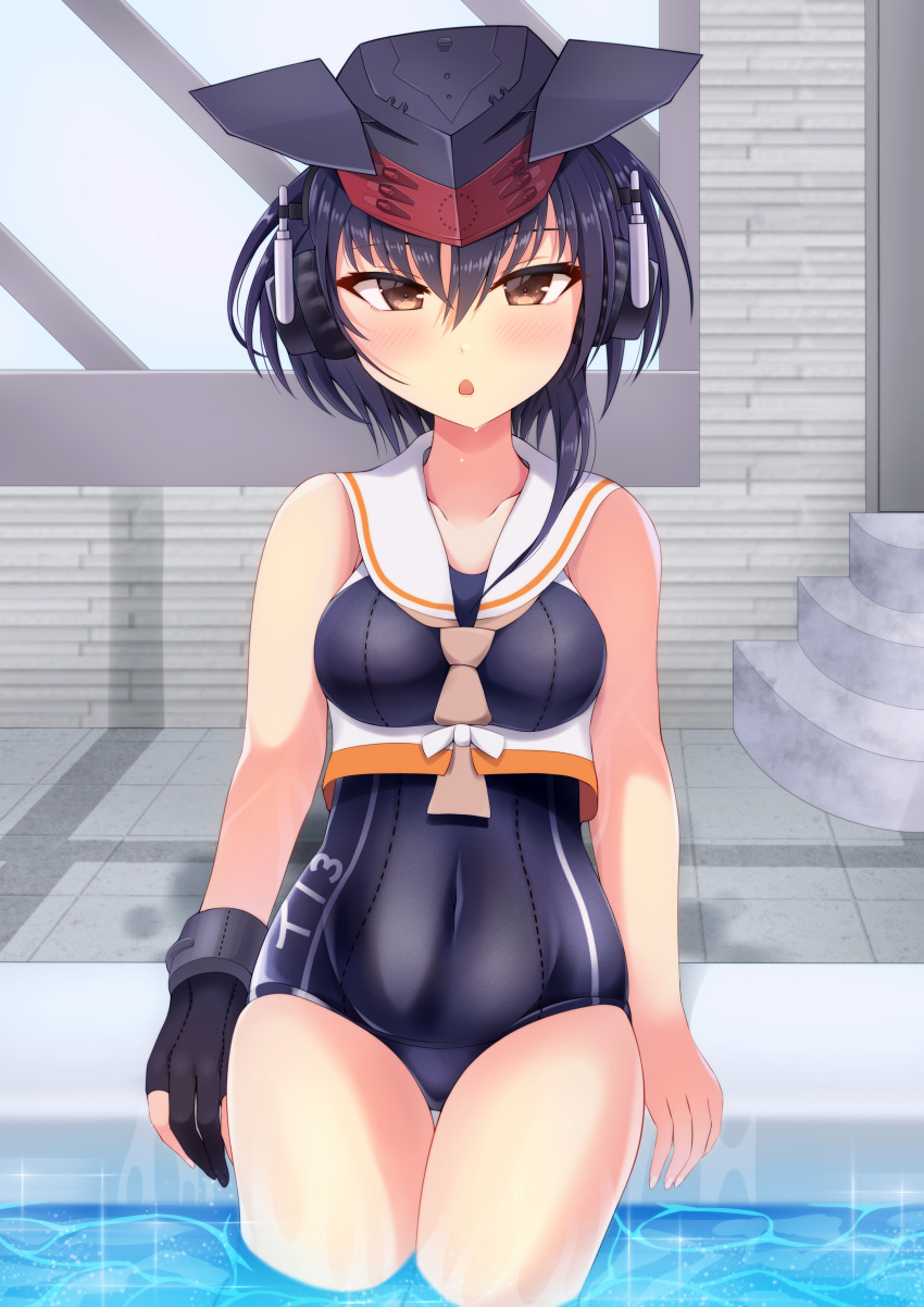 1girl, absurdres, asymmetrical_hair, black_hair, blue_swimsuit, breast_cutout, breasts, brown_eyes