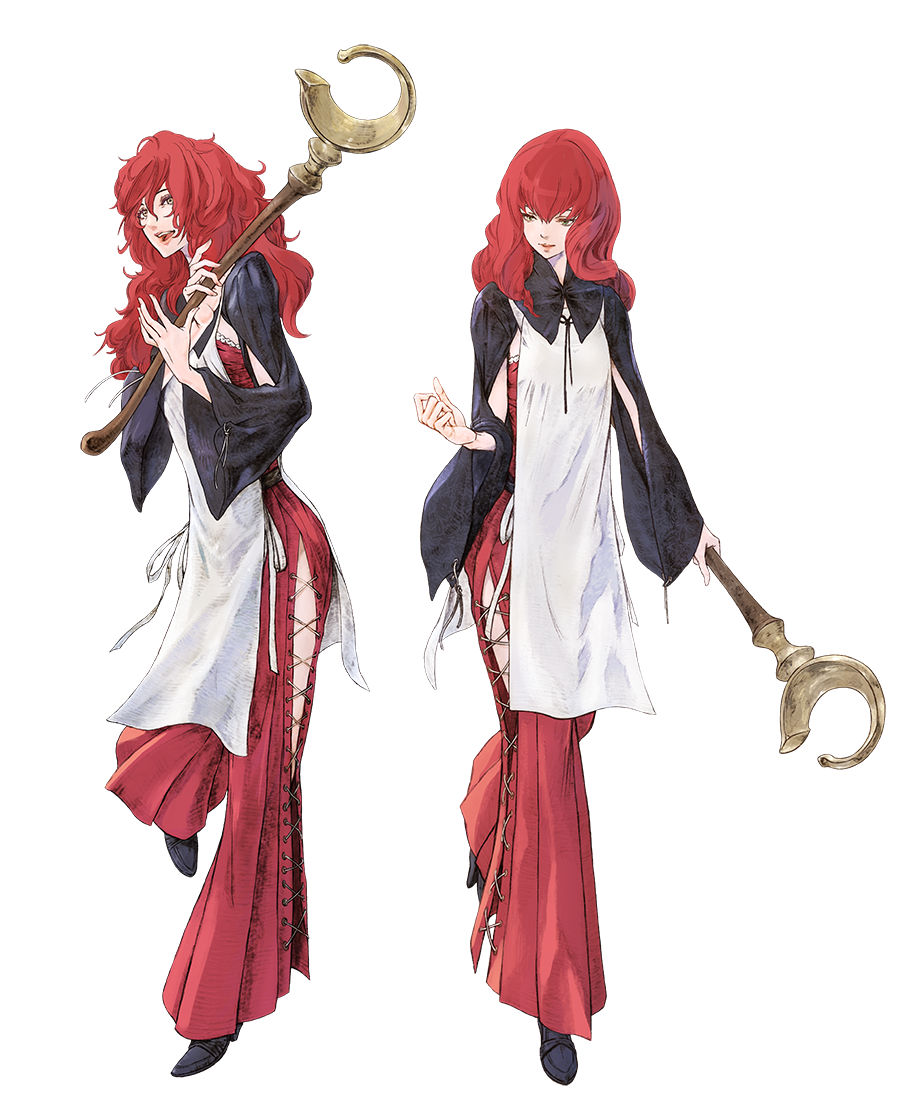 2girls, black_footwear, devola, english_commentary, full_body, hip_vent, itahana_toshiyuki, long_hair, multiple_girls, nier, nier_(series), official_art, popola, redhead, siblings, smile, staff, tabard, transparent_background, twins, wide_sleeves