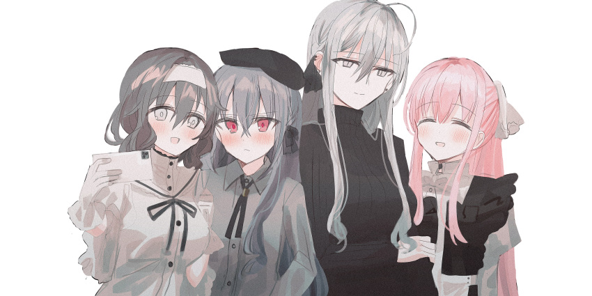 4girls, :d, ^_^, ahoge, bangs, black_dress, black_sweater, blush