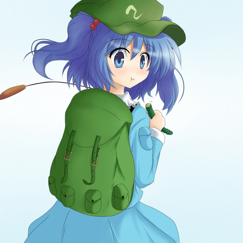 :t, aqua_eyes, backpack, bad_id, bag, blue_hair, cucumber, eating
