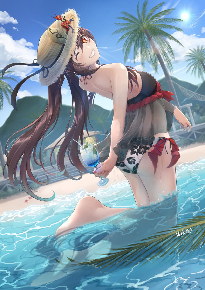 1girl, ;d, absurdres, ass, bare_arms, bare_shoulders, barefoot, beach, bikini, blue_sky, blush, breasts, brown_hair, clouds, cloudy_sky, cup, day, drinking_glass, feet, floral_print, flower, frilled_bikini, frills, from_side, genshin_impact, hat, highres, holding, holding_cup, hu_tao, long_hair, looking_at_viewer, looking_back, one_eye_closed, open_mouth, outdoors, partially_submerged, red_eyes, sky, smile, solo, straw_hat, summer, sun, swimsuit, swimwear, symbol-shaped_pupils, tank_ryousaku, teeth, tree, twintails, water