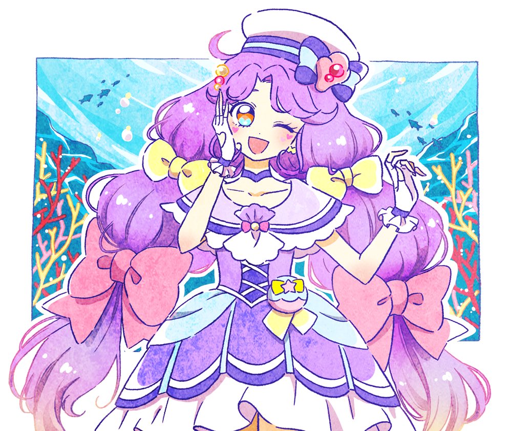 1girl, ;d, ahoge, asymmetrical_bangs, bangs, blue_bow, blue_eyes, blush, border, bow, bow_earrings, choker, clothing_cutout, collarbone, commentary, coral, cure_coral, dress, earrings, fingerless_gloves, fish, frilled_gloves, frills, gloves, hair_bobbles, hair_bow, hair_ornament, hand_on_own_cheek, hand_on_own_face, hands_up, hat, hat_bow, head_tilt, heart, heart_cutout, heart_facial_mark, heart_in_eye, hoppetoonaka3, jewelry, long_hair, looking_at_viewer, magical_girl, multi-tied_hair, multicolored, multicolored_eyes, multiple_hair_bows, namesake, ocean, one_eye_closed, open_mouth, orange_eyes, outside_border, pink_bow, pouch, precure, purple_choker, purple_corset, purple_dress, purple_hair, rock, sailor_hat, smile, solo, star_(symbol), striped, striped_bow, suzumura_sango, symbol_in_eye, tropical-rouge!_precure, underwater, upper_body, very_long_hair, white_border, yellow_bow