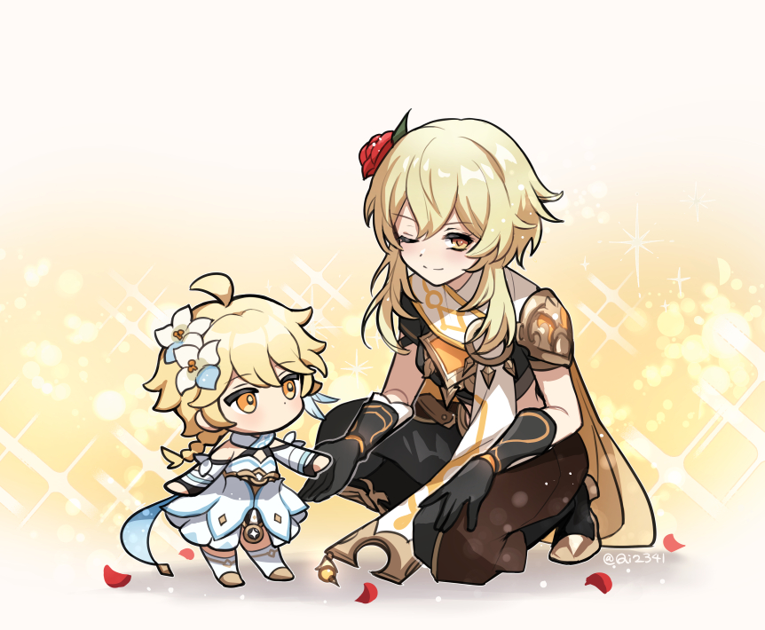 1boy, 1girl, aether_(genshin_impact), blonde_hair, brother_and_sister, chibi, cosplay, costume_switch