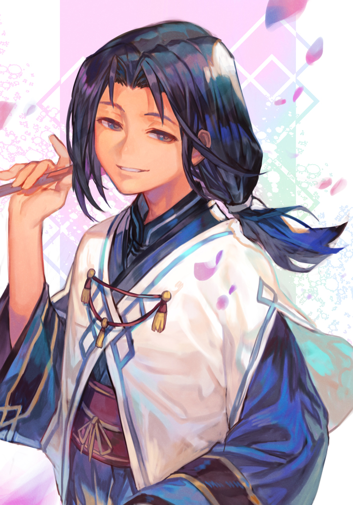 1boy, bangs, black_hair, cherry_blossoms, closed_fan, fan, folding_fan, haku_(utawarerumono)