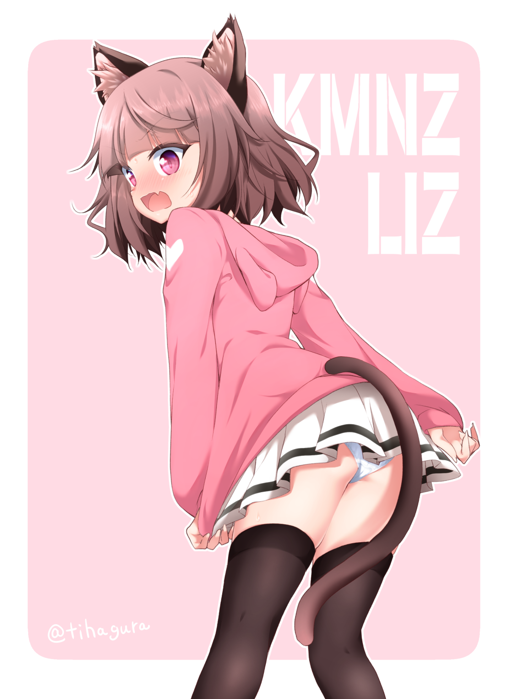 1girl, animal_ear_fluff, animal_ears, bangs, black_legwear, blunt_bangs, blush, brown_hair