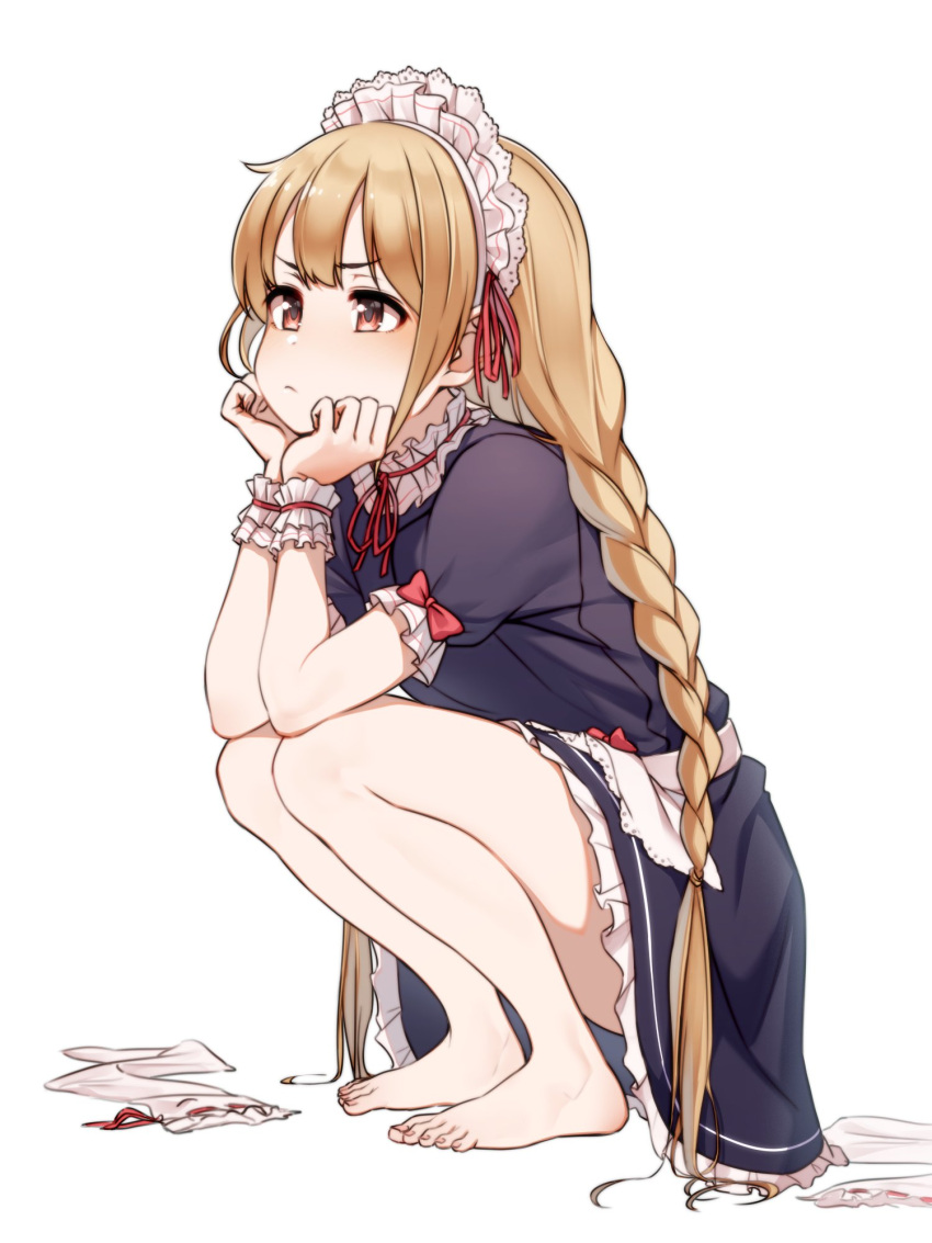 1girl, alternate_costume, bare_legs, barefoot, blonde_hair, blush, braid, brown_eyes