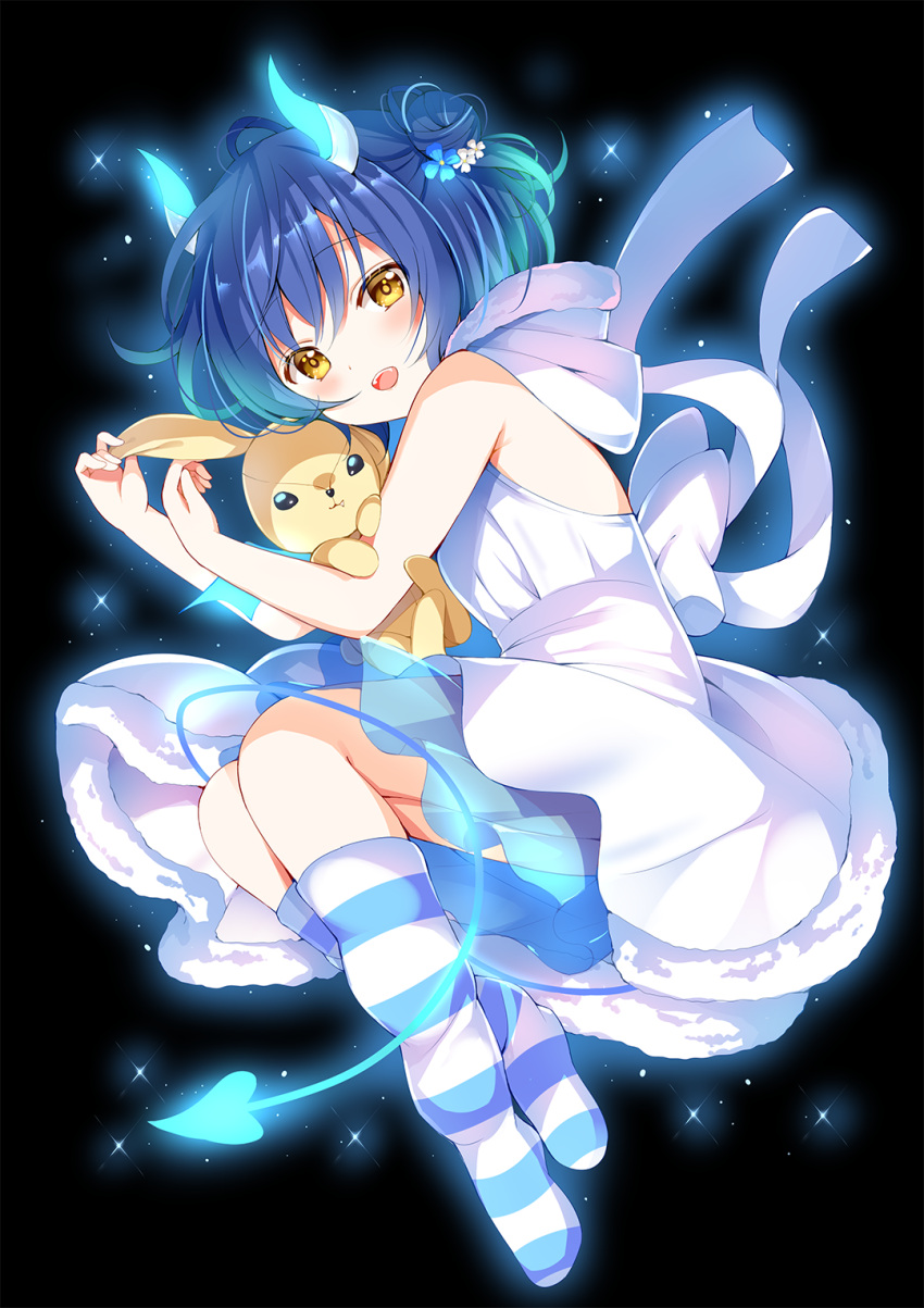 1girl, :<, april_fools, bangs, bare_legs, bare_shoulders, black_background, blue_hair