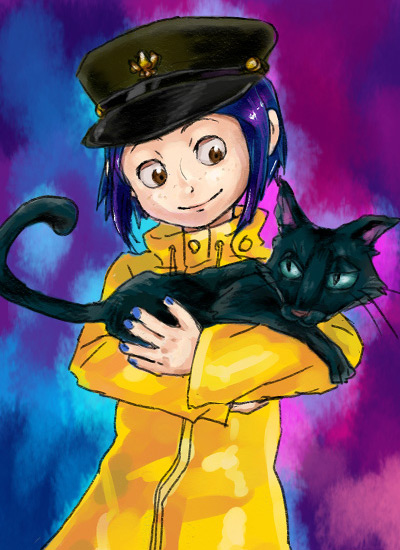 1girl, black_headwear, blue_hair, brown_eyes, cat, coraline, coraline_jones, freckles