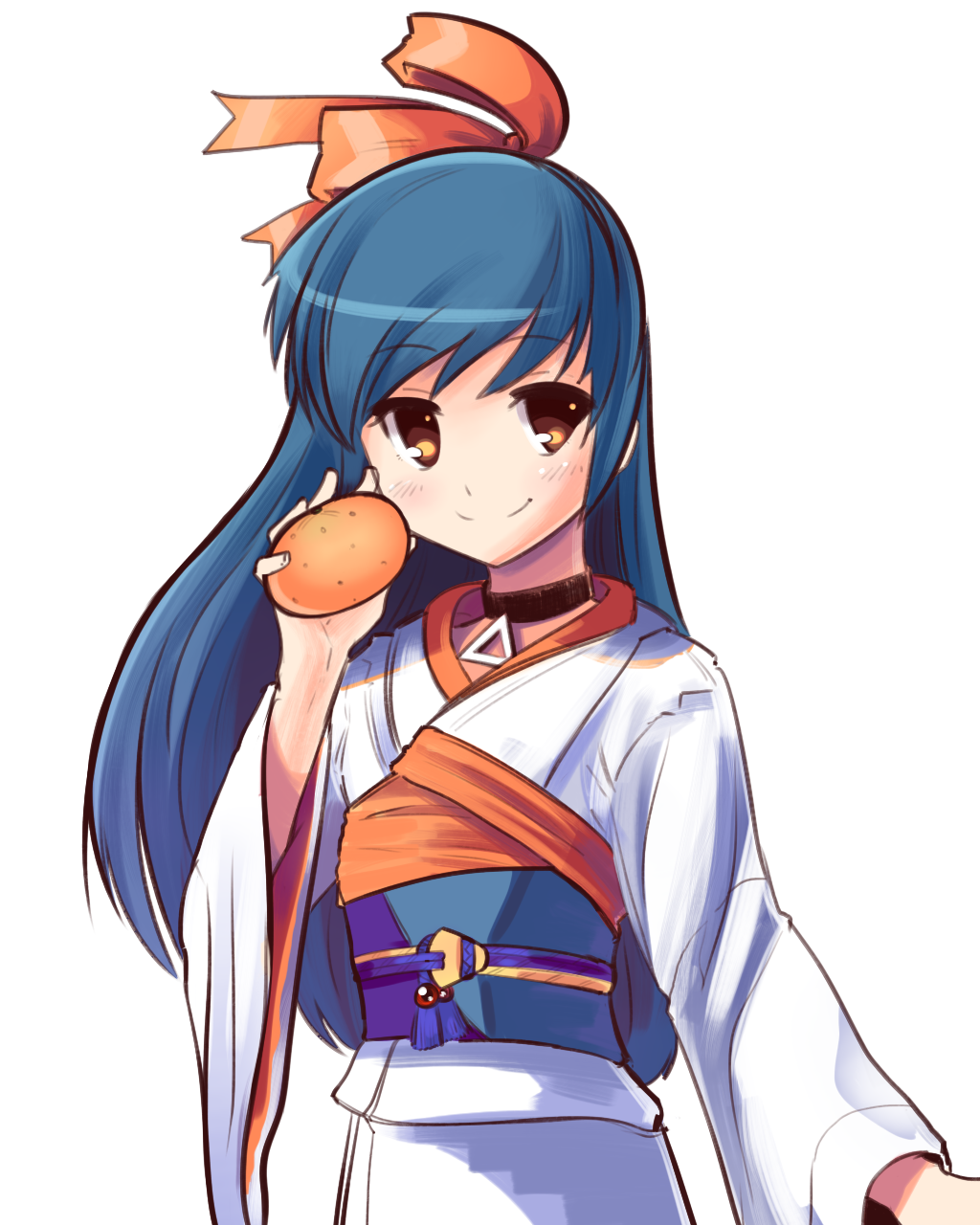 1girl, blue_hair, boa_(brianoa), brown_eyes, closed_mouth, food, fruit, hair_ribbon, highres, holding, japanese_clothes, kimono, long_hair, looking_at_viewer, orange_(food), ribbon, shoumetsu_toshi, simple_background, smile, solo, standing, white_background, yuki_(shoumetsu_toshi)