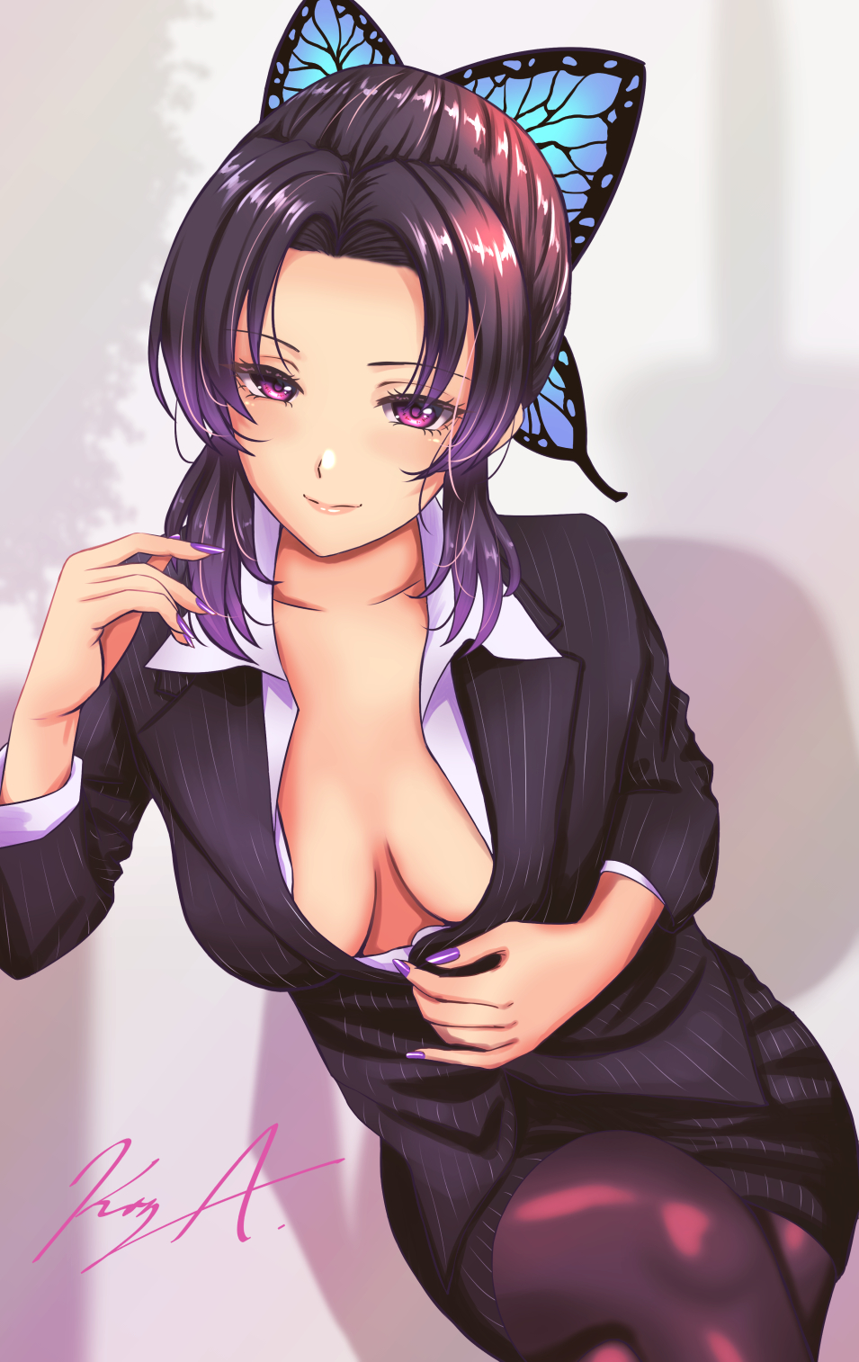1girl, bangs, black_jacket, black_skirt, breasts, breasts_apart, butterfly_hair_ornament, collarbone