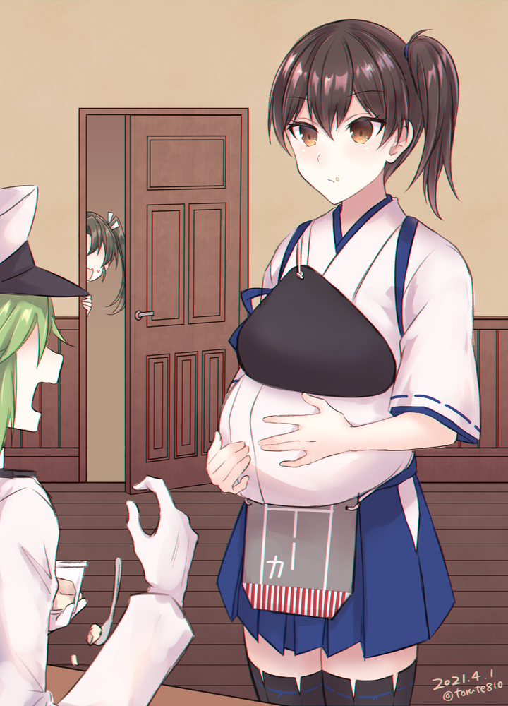 1boy, 2girls, admiral_(kancolle), april_fools, big_belly, black_legwear, blue_hakama, blush