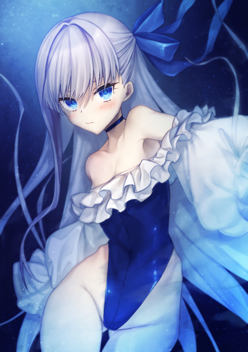 1girl, bangs, bare_shoulders, blue_eyes, blue_ribbon, blush, breasts, choker