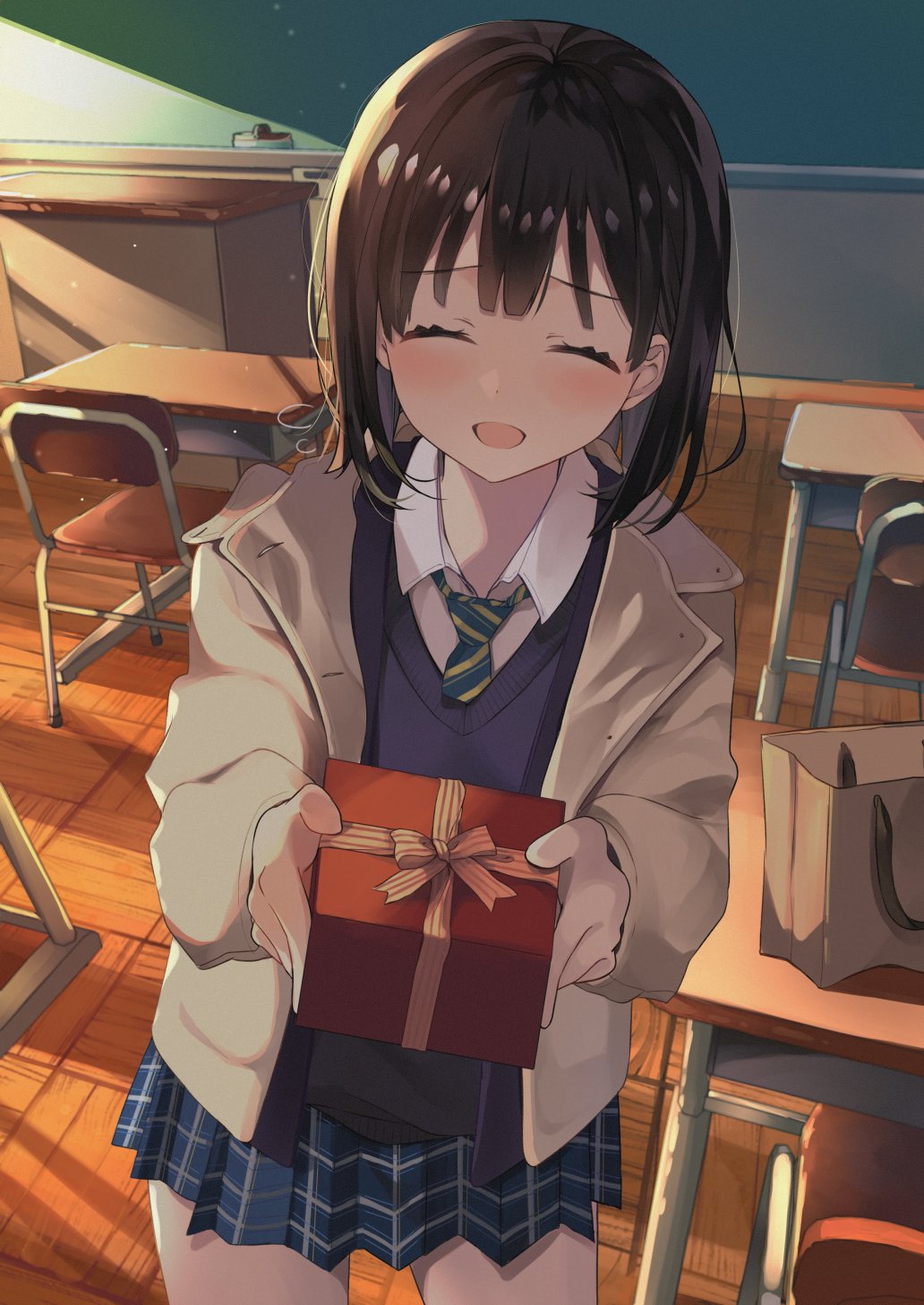 1girl, bangs, beige_blazer, black_hair, blazer, blush, chair, chalkboard