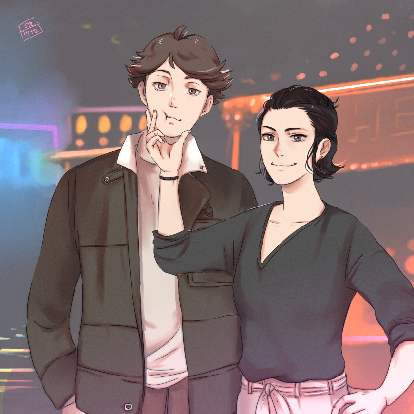 1boy, 1girl, age_difference, black_hair, black_jacket, black_shirt, blue_eyes, brown_eyes, brown_hair, cheek_press, cheek_squash, coat, commission, gradient, gradient_background, haikyuu!!, hand_on_hip, hand_up, highres, jacket, kageyama_miwa, light_smile, long_sleeves, looking_at_viewer, looking_to_the_side, oikawa_tooru_(haikyuu!!), open_clothes, open_jacket, pants, shirt, short_hair, sleeves_rolled_up, smile, standing, v-neck, verushka146, wristband