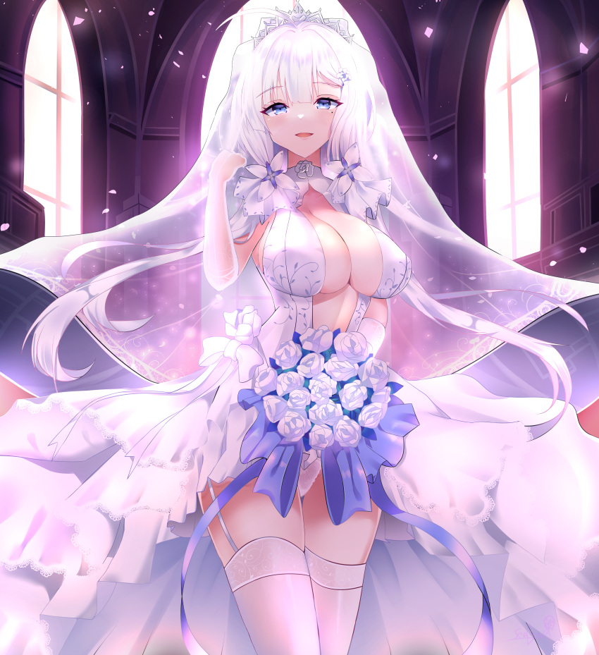 1girl, absurdres, azur_lane, bangs, blue_eyes, blush, breasts, dress, flower, gloves, hair_ornament, highres, huge_filesize, illustrious_(azur_lane), illustrious_(morning_star_of_love_and_hope)_(azur_lane), large_breasts, long_hair, looking_at_viewer, mole, mole_under_eye, seabread, smile, solo, thigh-highs, veil, wedding_dress, white_dress, white_gloves, white_hair, white_legwear
