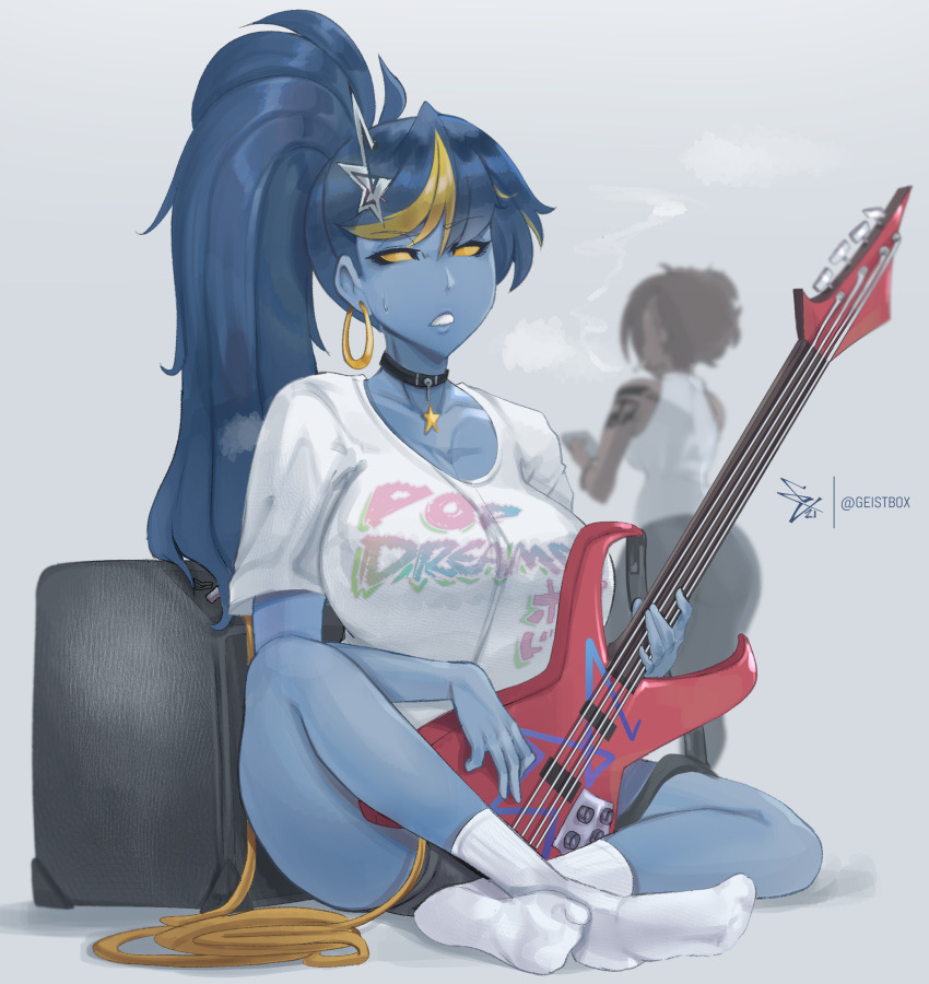 2021, 2girls, amplifier_(instrument), bass_guitar, black_choker, black_shorts, blue_hair, blue_skin