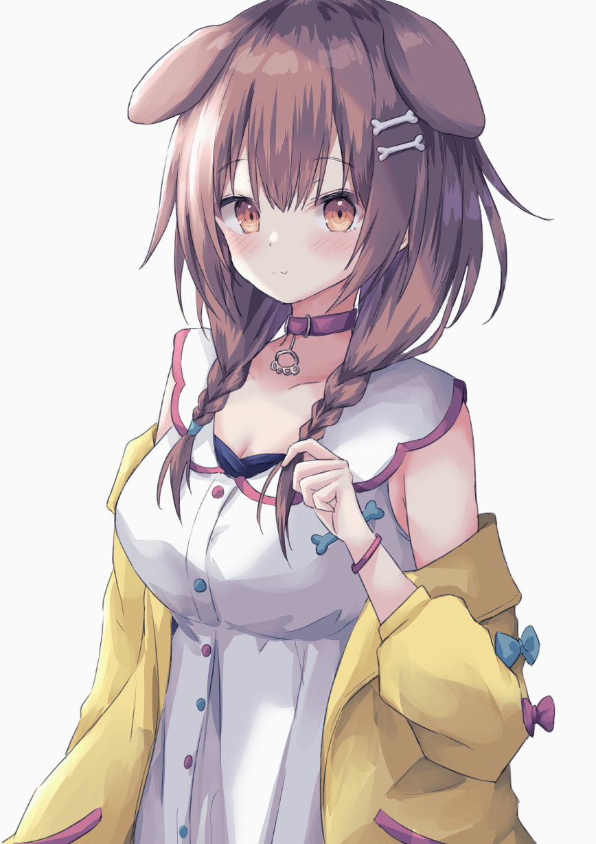 1girl, animal_ears, armlet, bangs, bone_hair_ornament, braid, brown_eyes, brown_hair