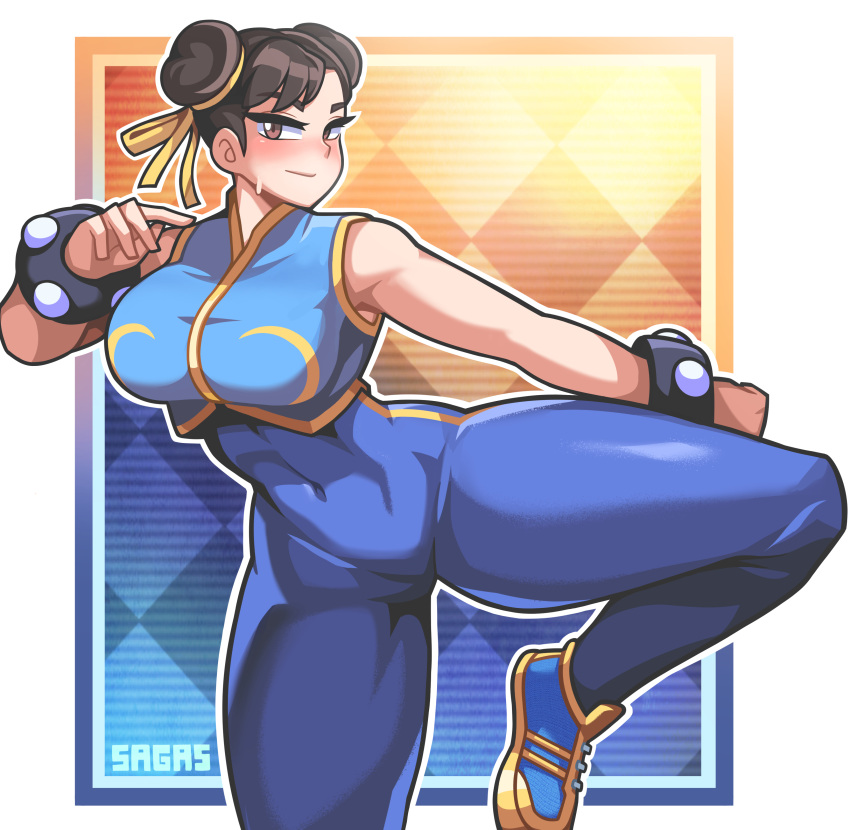 1girl, absurdres, artist_name, blue_bodysuit, blush, bodysuit, brown_eyes, chun-li
