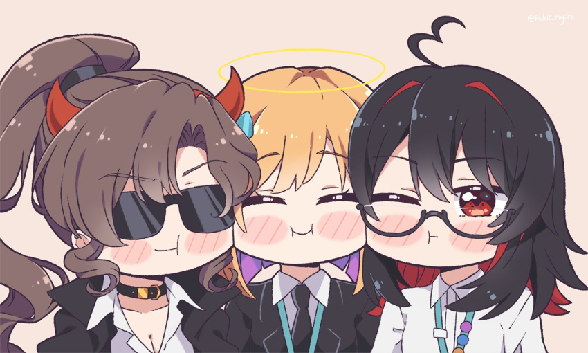 3girls, ahoge, bangs, black_hair, black_neckwear, blonde_hair, blush, brown_hair