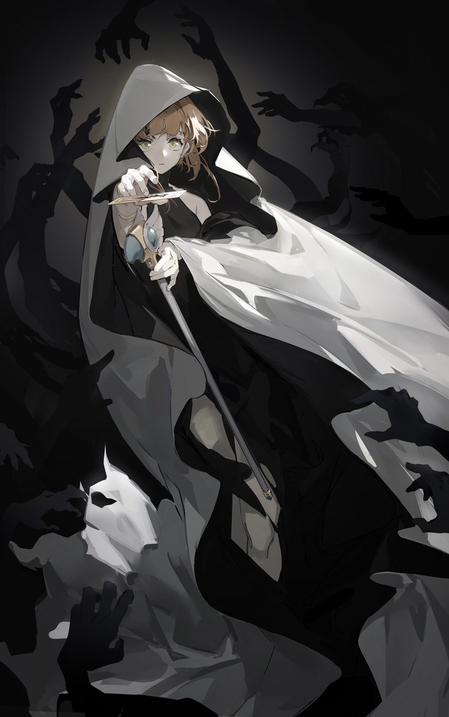 alternate_costume, black_background, black_dress, brown_hair, card, cardcaptor_sakura, cloak, clow_card