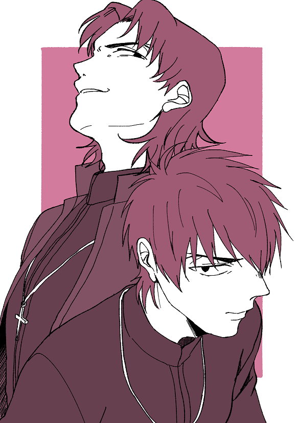 2boys, brown_hair, cassock, cross, cross_necklace, dual_persona, fate/stay_night, fate/zero
