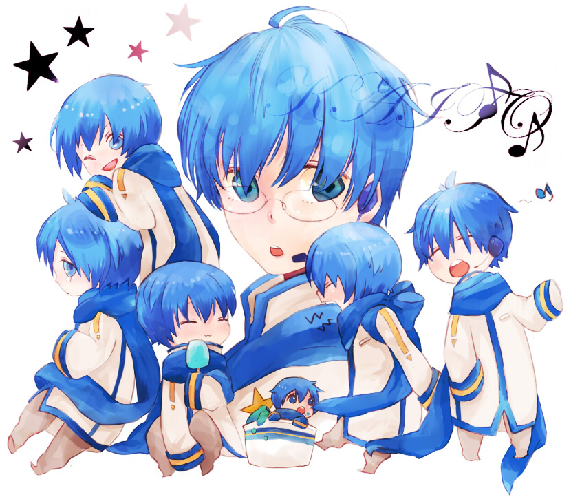 ahoge, bangs, bespectacled, blue_hair, eating, food, glasses, headphones
