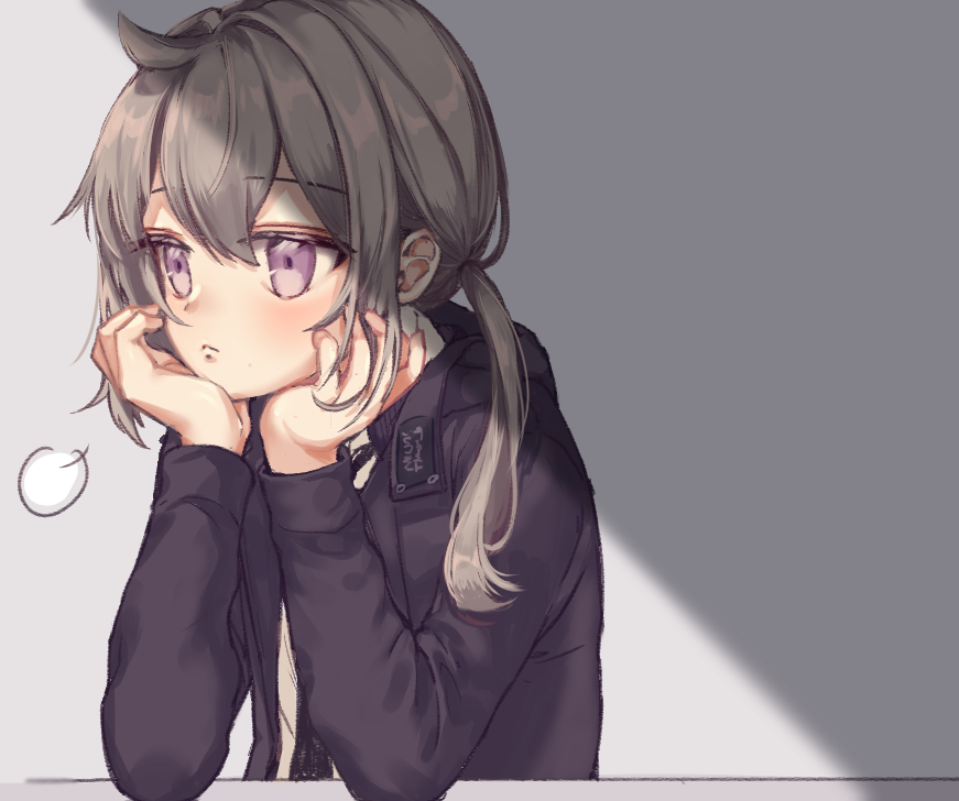1girl, =3, ahoge, bamyamsj, bangs, elbows_on_table, girls_frontline, grey_hair
