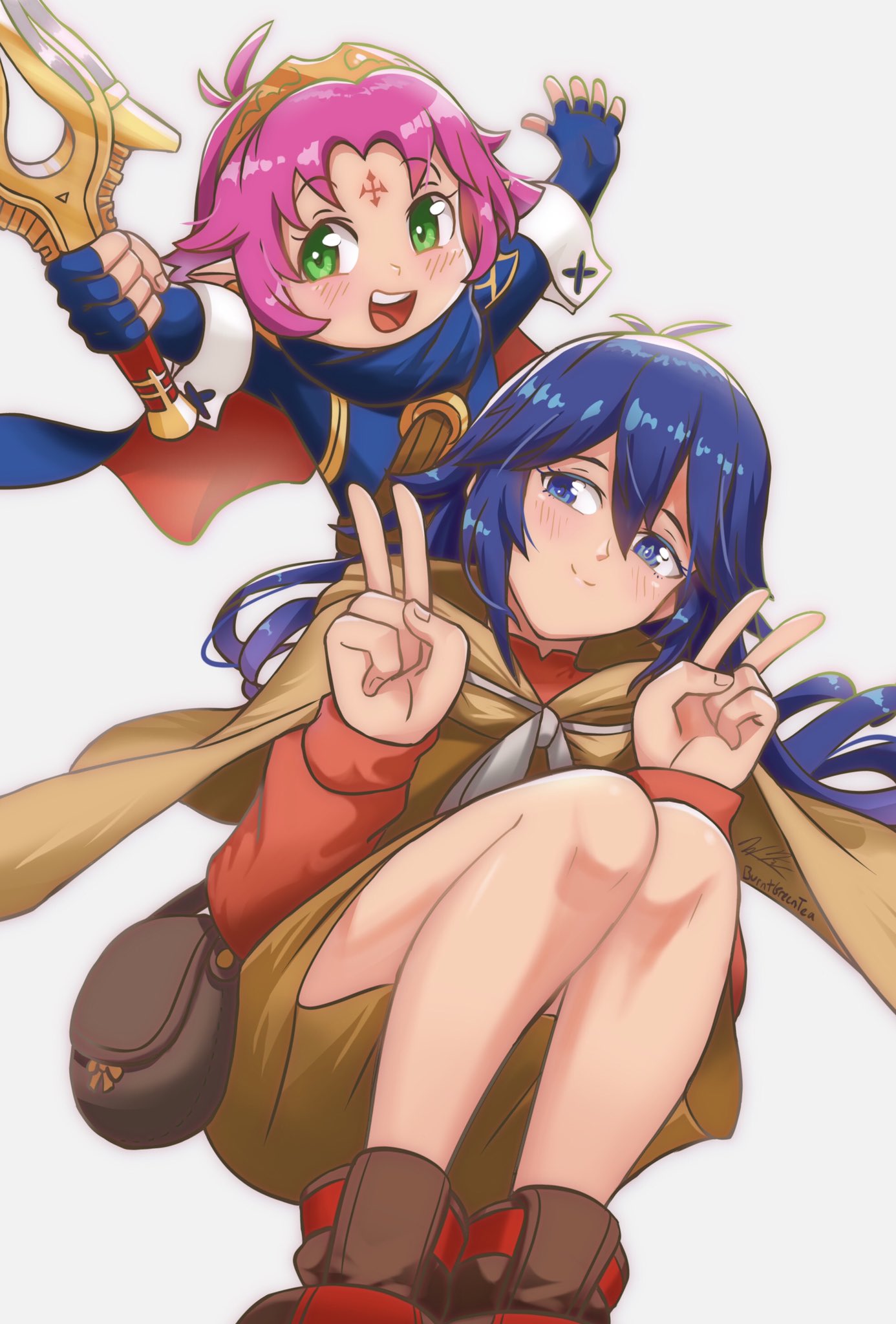 2girls, :d, blue_eyes, blue_gloves, blush, burnt_green_tea, cosplay, costume_switch