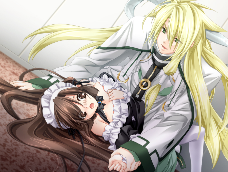 blonde_hair, brown_hair, dragon, eins, game_cg, horns, ijiwaru_my_master, long_hair, maid, maid_headdress, sakurajousui_kurumi
