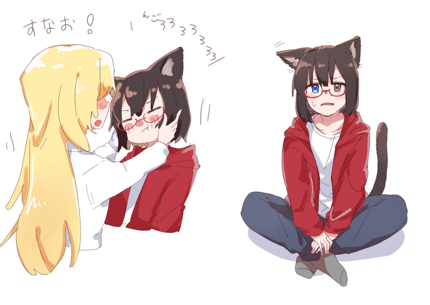 2girls, animal_ear_fluff, animal_ears, annoyed, bangs, blonde_hair, blue_eyes, blush