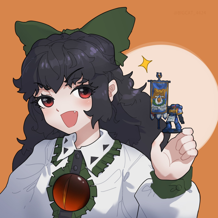 1girl, bangs, banner, bigcat_114514, black_hair, blouse, blush, bow