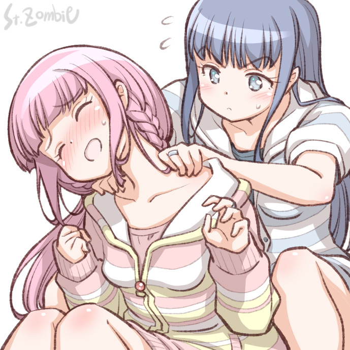 2girls, artist_name, blue_hair, blush, braid, closed_eyes, flying_sweatdrops, long_hair