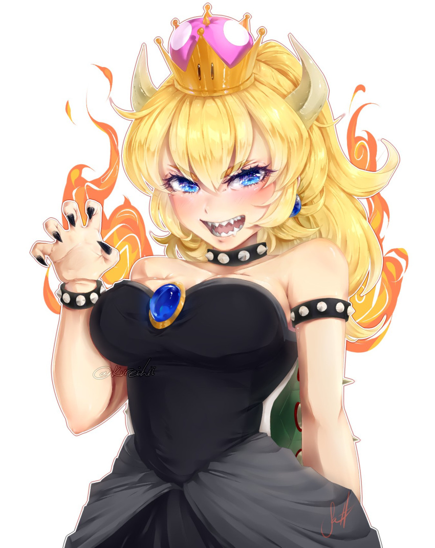 1girl, artist_name, black_dress, blonde_hair, blue_eyes, bowsette, bracelet, claw_pose, collar, crown, dress, fingernails, fire, hand_up, highres, horns, jewelry, kureihii, light_blush, looking_at_viewer, super_mario_bros., new_super_mario_bros._u_deluxe, sharp_fingernails, sharp_teeth, spiked_armlet, spiked_bracelet, spiked_collar, spiked_tail, spikes, super_crown, tail, teeth, twitter_username