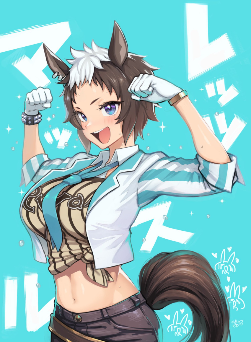 1girl, animal_ears, aqua_background, blue_eyes, breasts, cropped_jacket, gloves, highres