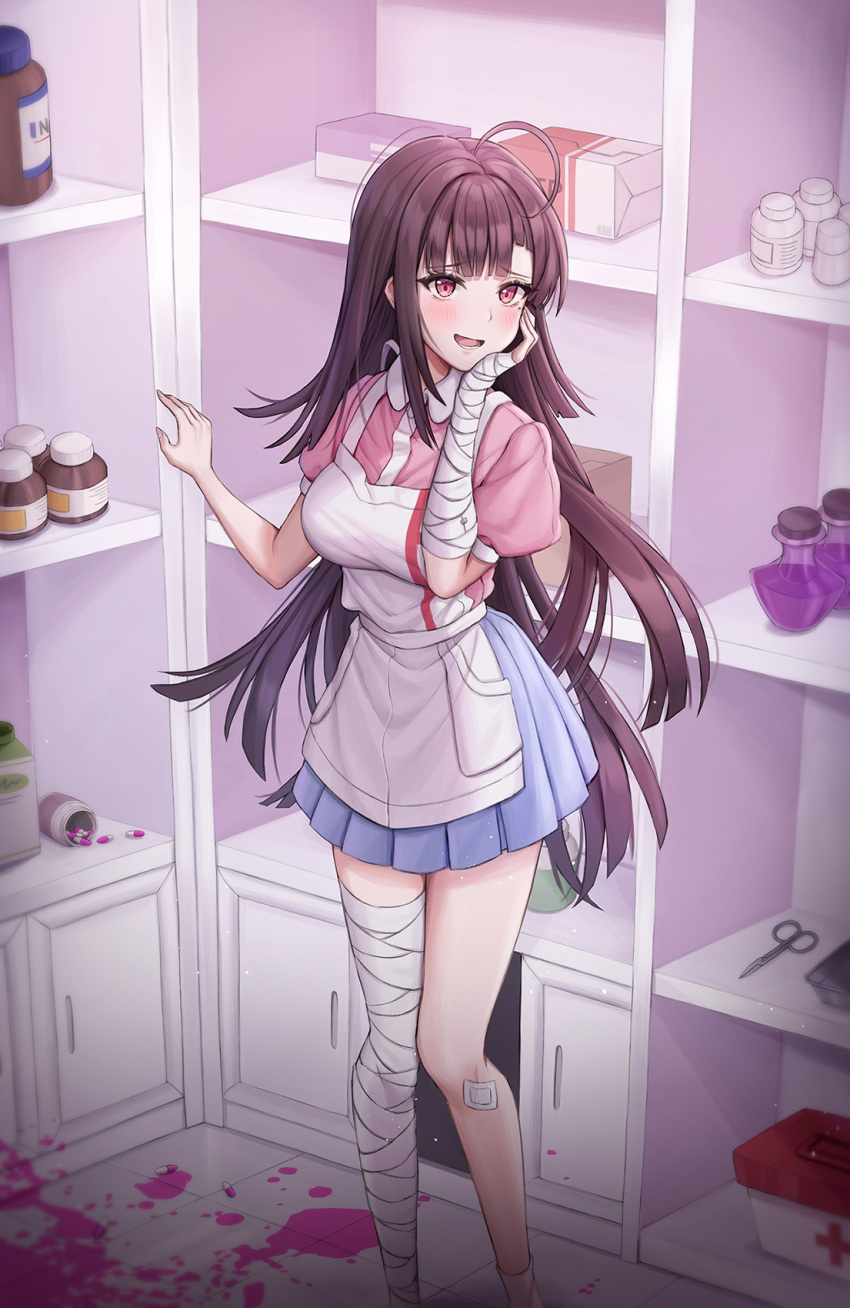 1girl, :d, ahoge, apron, bandages, bandaid, bandaid_on_knee, bangs