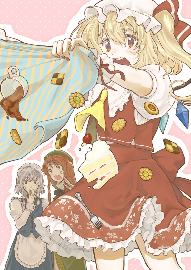 apron, bad_id, blonde_hair, braid, cake, checkerboard_cookie, chinese_clothes, cookie, fangs, flandre_scarlet, food, fork, hand_over_mouth, hat, hong_meiling, izayoi_sakuya, looking_back, maid, maid_headdress, nail_polish, nazuki-nazu, nazuki_nazu, pastry, red_eyes, red_hair, side_ponytail, silver_hair, skirt, spill, tablecloth, touhou, twin_braids, waist_apron, wings, wrist_cuffs