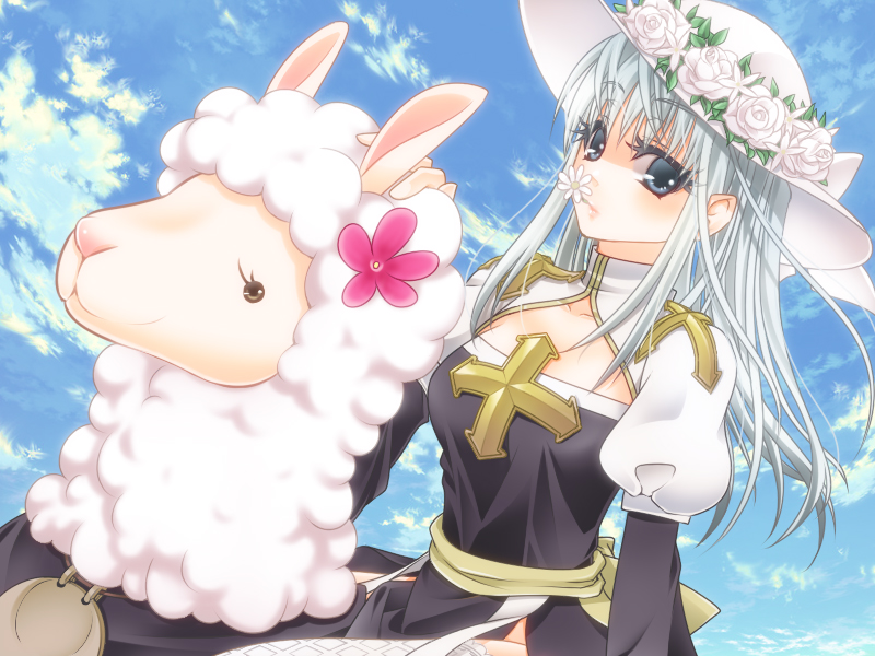 1girl, archbishop_(ragnarok_online), bangs, black_dress, blue_eyes, blue_sky, cleavage_cutout, closed_mouth