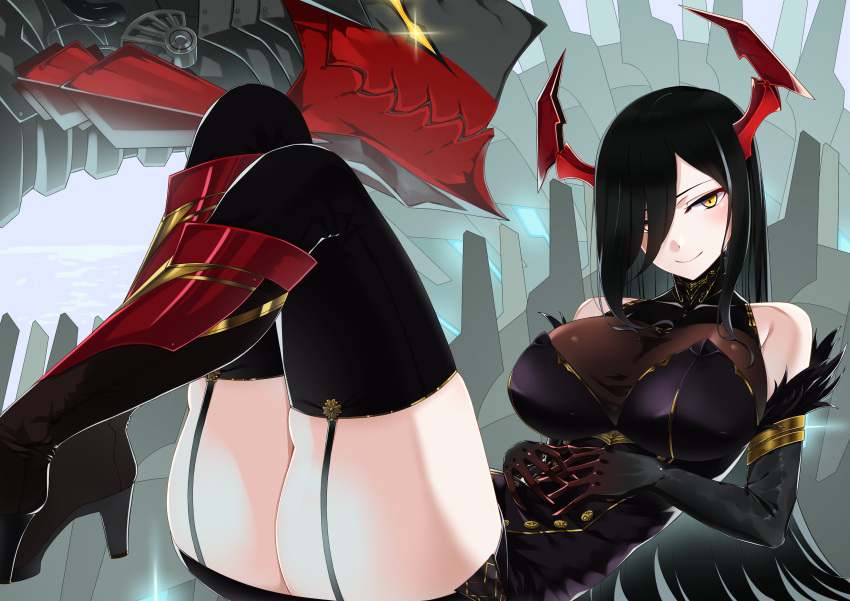 1girl, absurdres, armored_boots, azur_lane, bare_shoulders, black_dress, black_gloves, black_hair, black_legwear, boots, breasts, buttons, dress, elbow_gloves, fake_horns, friedrich_der_grosse_(azur_lane), garter_straps, gloves, highres, horns, large_breasts, long_hair, lying, mechanical_animal, mechanical_horns, on_back, see-through, short_dress, skindentation, sleeveless, sleeveless_dress, sleipnir_(3258san), smile, solo, thigh-highs, very_long_hair, yellow_eyes