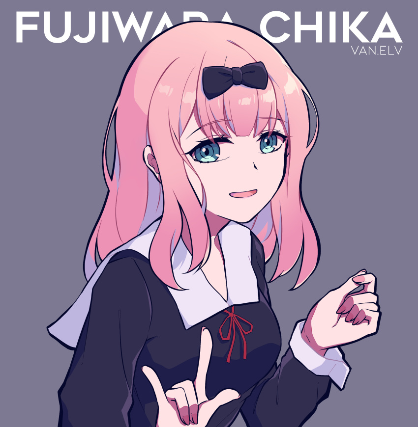 1girl, \m/, absurdres, alternate_breast_size, bangs, black_bow, blue_eyes, blunt_bangs, bow, breasts, character_name, eyebrows_visible_through_hair, fujiwara_chika, hair_bow, hands_up, highres, kaguya-sama_wa_kokurasetai_~tensai-tachi_no_renai_zunousen~, long_hair, long_sleeves, looking_at_viewer, medium_breasts, nail_polish, open_mouth, pink_hair, pink_nails, red_ribbon, ribbon, school_uniform, shiny, shiny_hair, shuuchiin_academy_uniform, simple_background, smile, solo, upper_body, van.elv