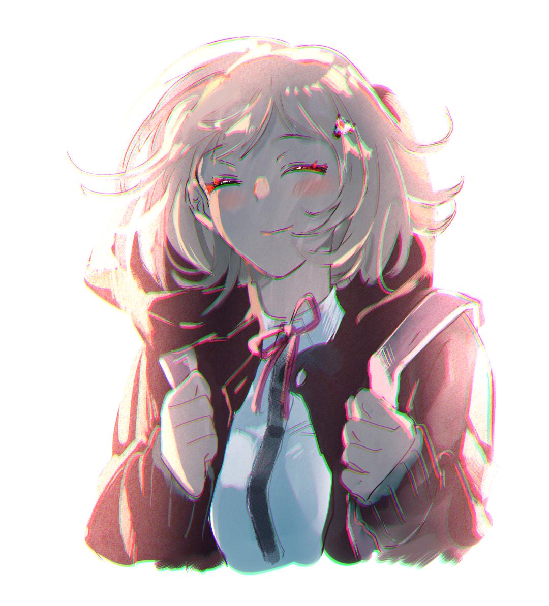 1girl, backpack, bag, bangs, black_jacket, black_shirt, blush, closed_eyes, collared_shirt, commentary_request, cropped_torso, dangan_ronpa_(series), dangan_ronpa_2:_goodbye_despair, facing_viewer, hair_ornament, hairclip, holding_strap, hood, hood_down, hooded_jacket, jacket, kanmi_ro, medium_hair, nanami_chiaki, neck_ribbon, open_clothes, open_jacket, pink_ribbon, ribbon, shirt, simple_background, sleeves_past_wrists, smile, solo, two-tone_shirt, upper_body, white_background, white_shirt