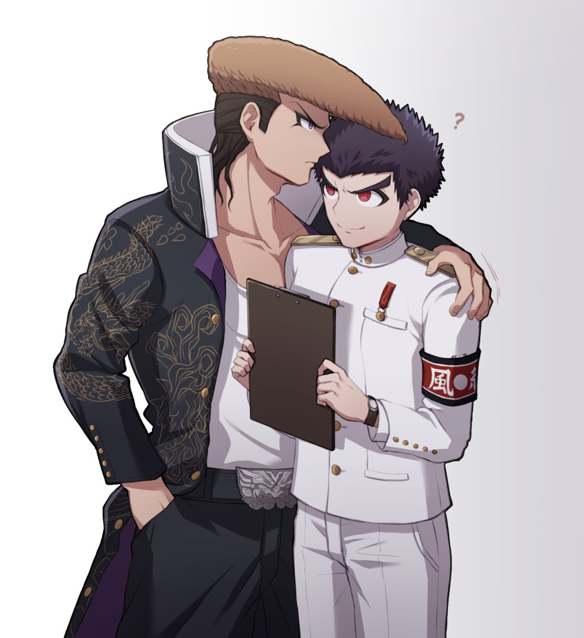 2boys, ?, arm_around_shoulder, armband, badge, bangs, belt, black_belt, black_coat, black_hair, black_pants, brown_hair, buttons, coat, collarbone, commentary_request, dangan_ronpa:_trigger_happy_havoc, dangan_ronpa_(series), dragon_print, hand_in_pocket, hands_up, hat, highres, holding, ishimaru_kiyotaka, jacket, long_hair, looking_to_the_side, male_focus, military, military_uniform, mizukura_ion, multicolored_hair, multiple_boys, oowada_mondo, open_clothes, open_coat, pants, pompadour, print_coat, profile, red_eyes, school_uniform, shirt, shirt_tucked_in, short_hair, simple_background, smile, standing, two-tone_hair, uniform, watch, watch, white_background, white_gakuran, white_jacket, white_pants, white_shirt, widow's_peak